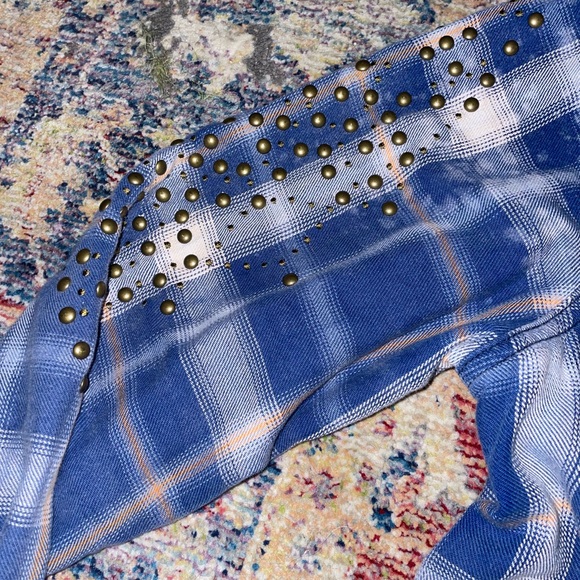 Free People Plaid Flannel Distressed/Deconstructed Stud Jacket/Shacket Size L - Picture 5 of 14